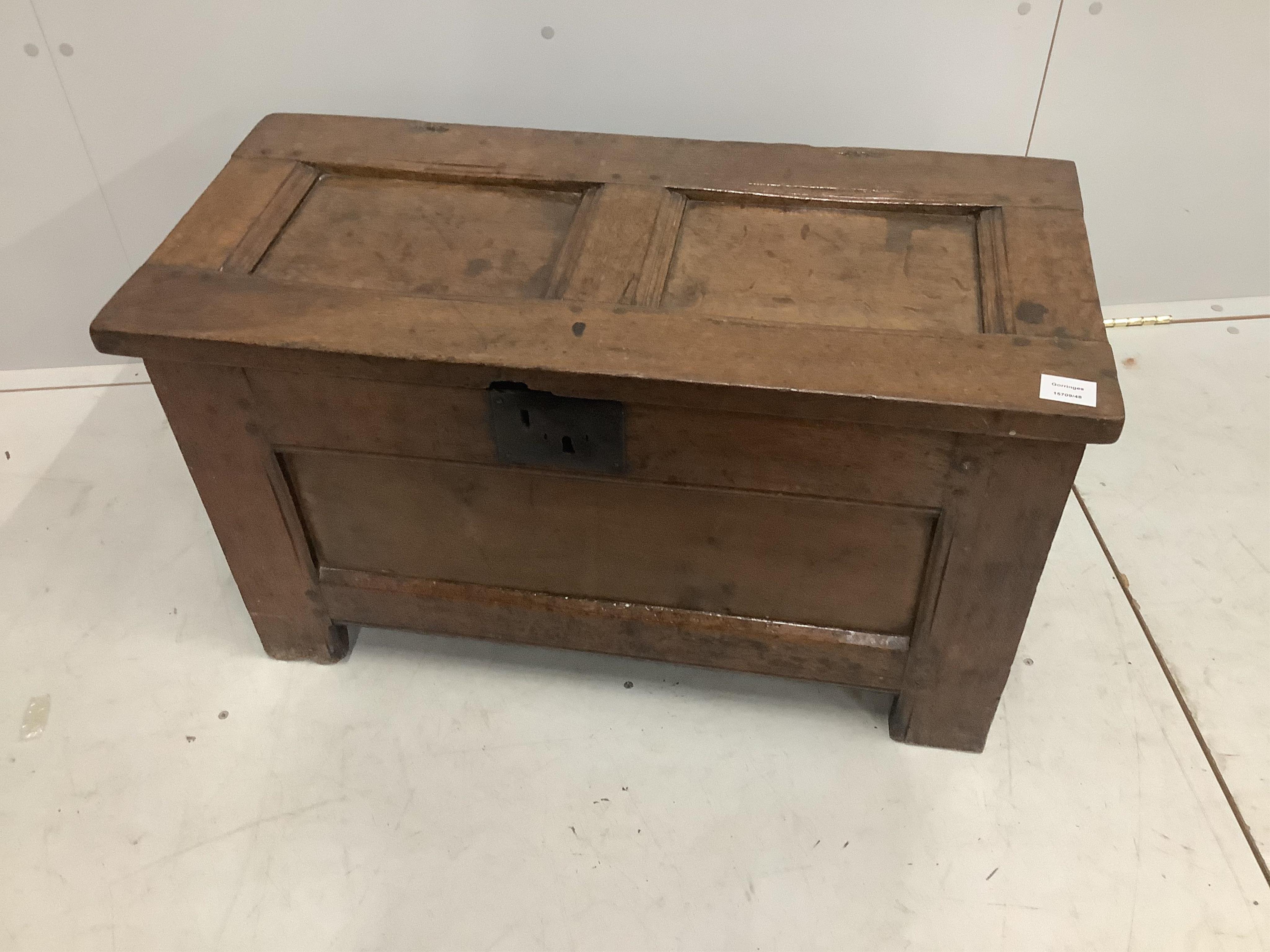 A small 17th century oak coffer, original wrought iron butterfly hinges, width 84cm, height 46cm. Purchased from Barling of Mount Street, London, 19th August 1977 for £585. Condition - fair to good